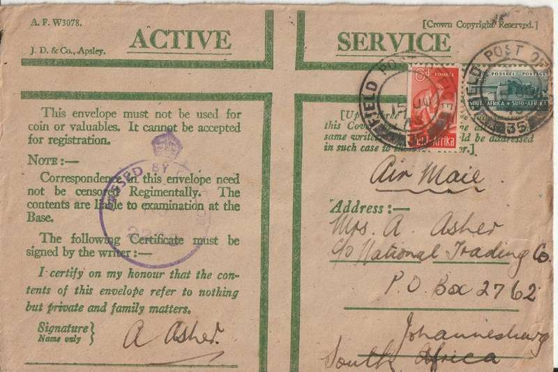 SOUTH AFRICA ON ACTIVE SERVICE COVER WW2 FIELD POT OFFICE