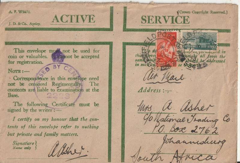 SOUTH AFRICA ON ACTIVE SERVICE COVER WW2 FIELD POT OFFICE