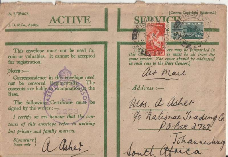 SOUTH AFRICA ON ACTIVE SERVICE COVER WW2 FIELD POST OFFICE