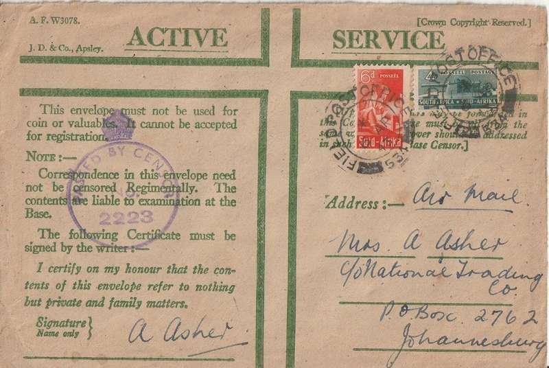 SOUTH AFRICA ON ACTIVE SERVICE COVER WW2 FIELD POST OFFICE