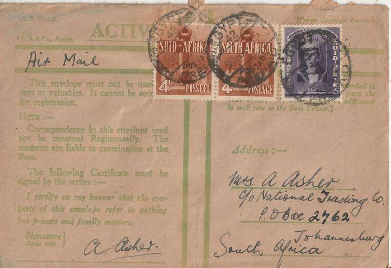 SOUTH AFRICA ON ACTIVE SERVICE COVER WW2 FIELD POST OFFICE EGYPT