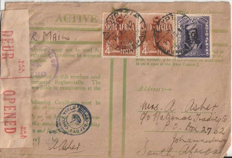 SOUTH AFRICA ON ACTIVE SERVICE COVER WW2 FIELD POST OFFICE EGYPT