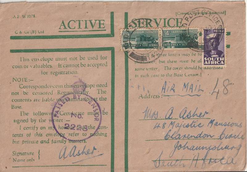 SOUTH AFRICA ON ACTIVE SERVICE COVER WW2 FIELD POST OFFICE EGYPT