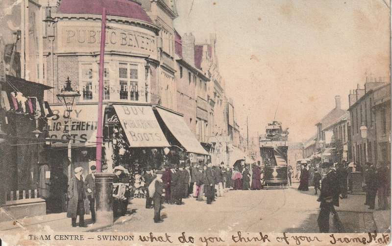USED POST CARD TRAM CENTRE SWINDON POSTED 1905