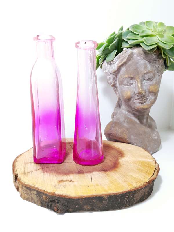 Pair Of Small Ombré Pink Glass Bottle Bud Vases