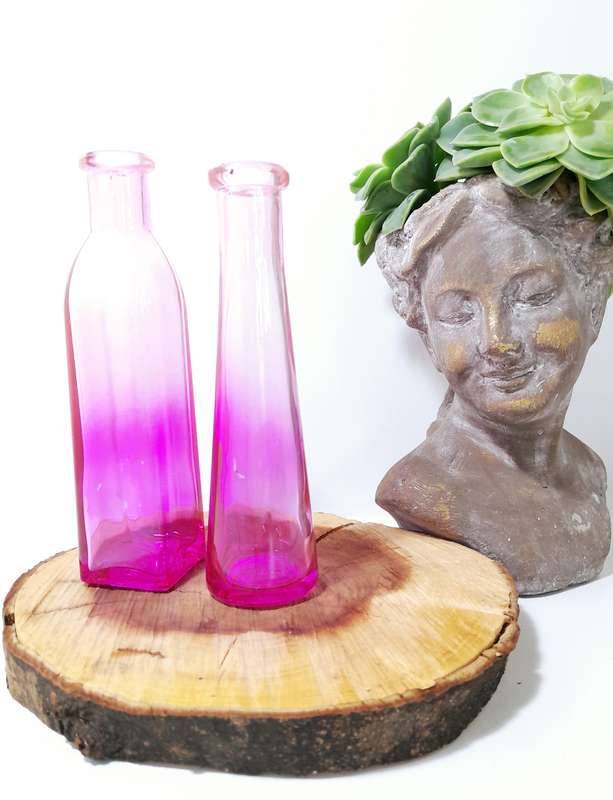 Pair Of Small Ombré Pink Glass Bottle Bud Vases