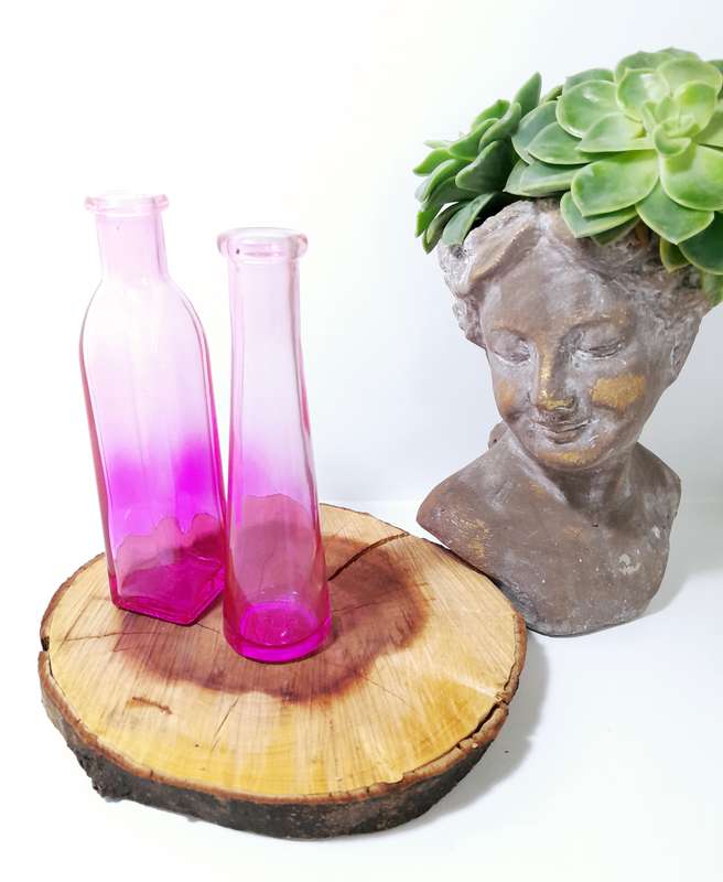 Pair Of Small Ombré Pink Glass Bottle Bud Vases
