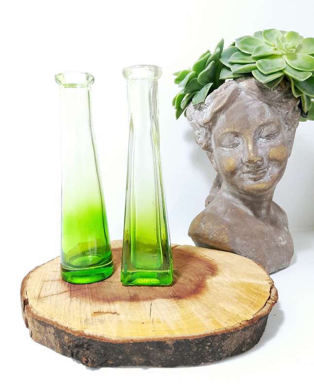 Pair Of Small Ombré Green Glass Bottle Bud Vases