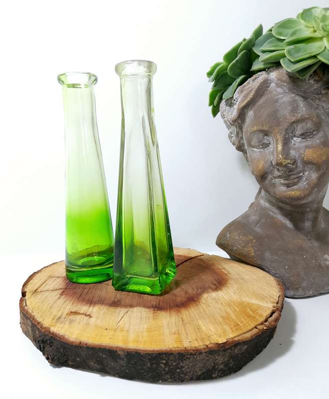 Pair Of Small Ombré Green Glass Bottle Bud Vases