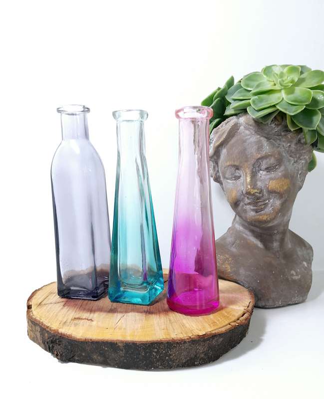 Set Of 3 Small Ombré Glass Bottle Bud Vases