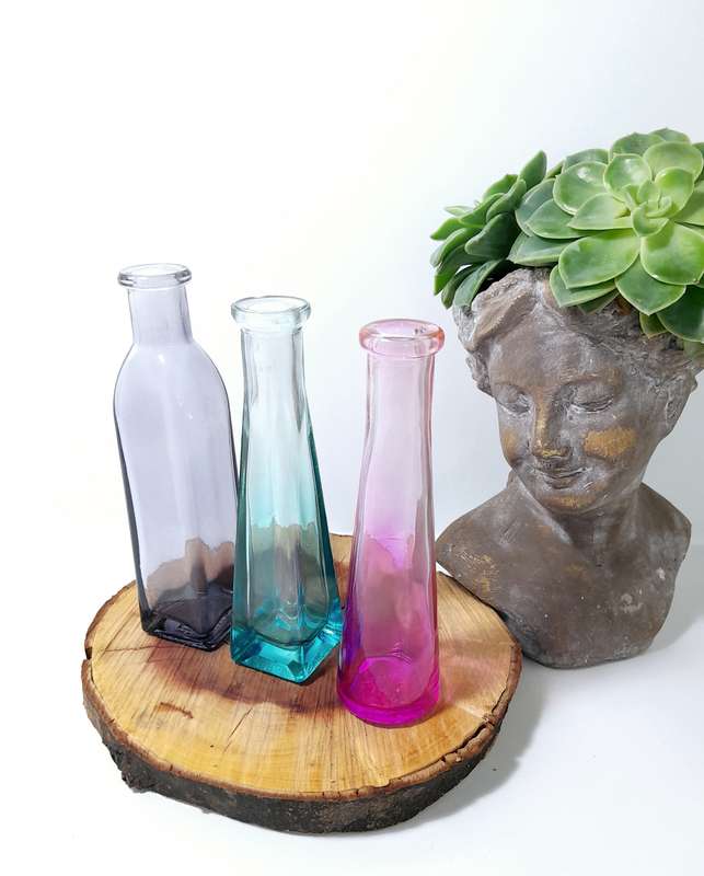 Set Of 3 Small Ombré Glass Bottle Bud Vases