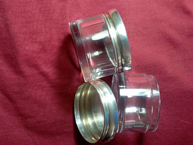 Sterling silver lidded glass jars x2
