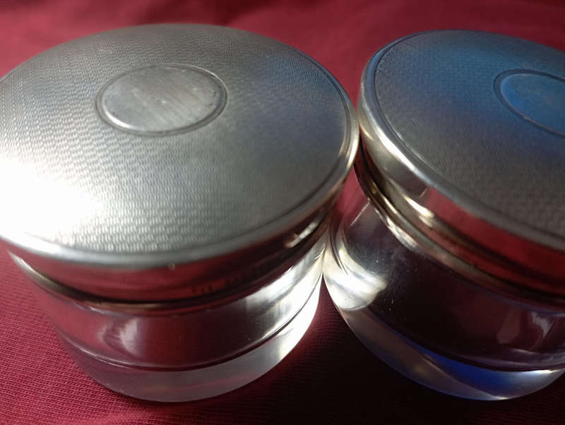 Sterling silver lidded glass jars x2