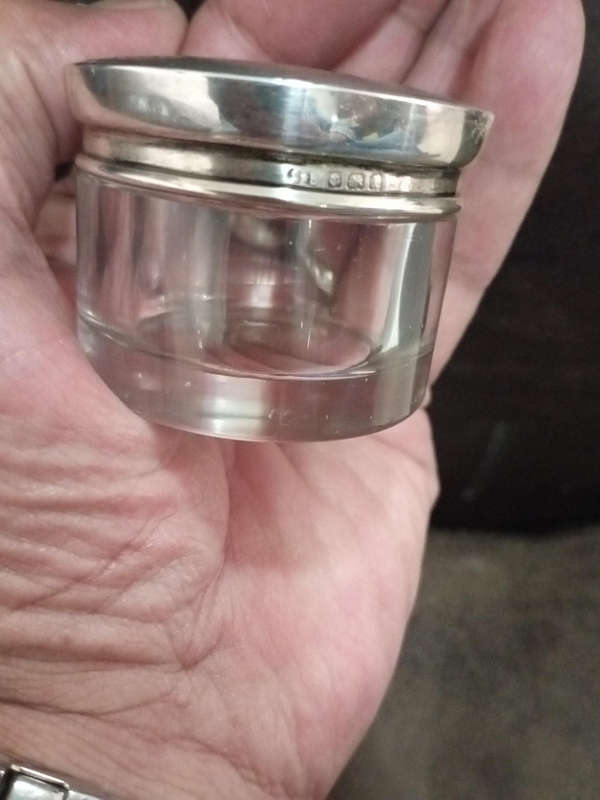 Sterling silver lidded glass jars x2