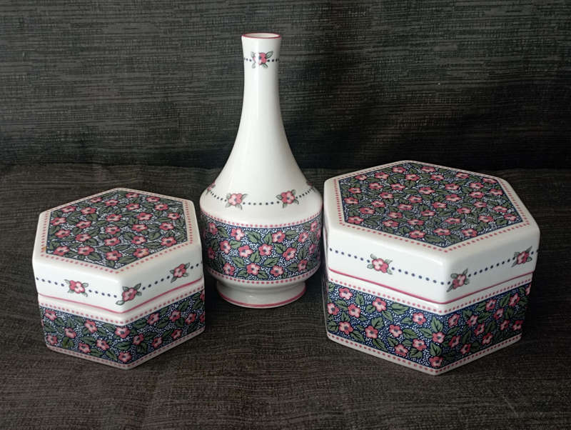 Royal Albert Charlotte..two Lidded Trinket boxes & a Posy vase in excellent condition as per scan
