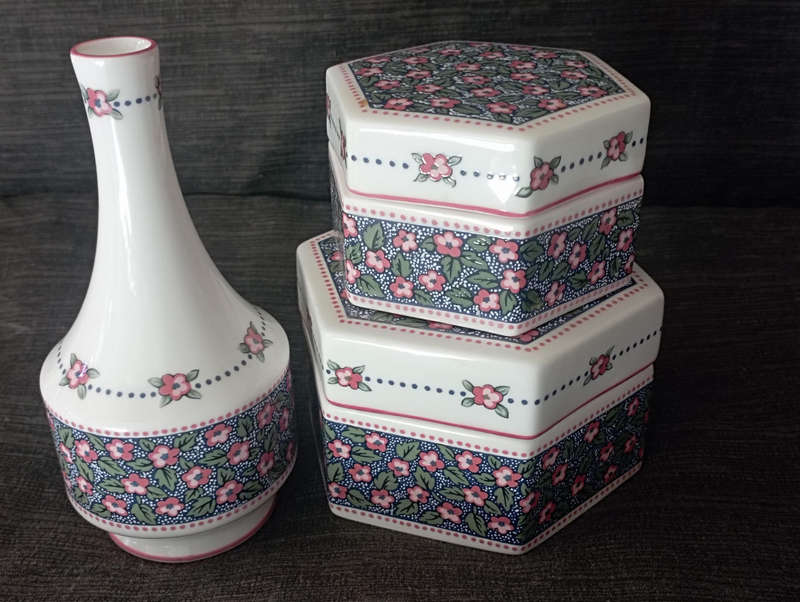 Royal Albert Charlotte..two Lidded Trinket boxes & a Posy vase in excellent condition as per scan