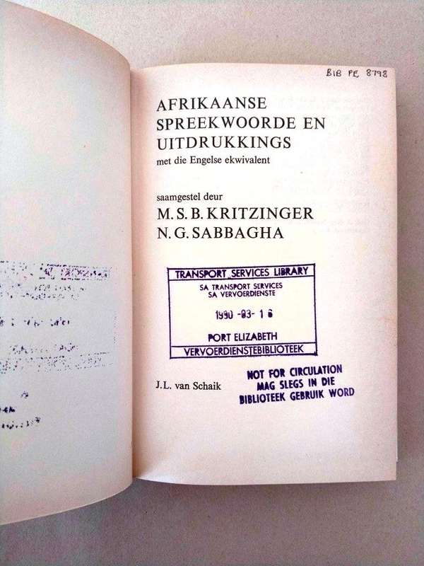Afrikaanse spreekwoorde en uitdrukkings, Kritzinger/Sabbagha