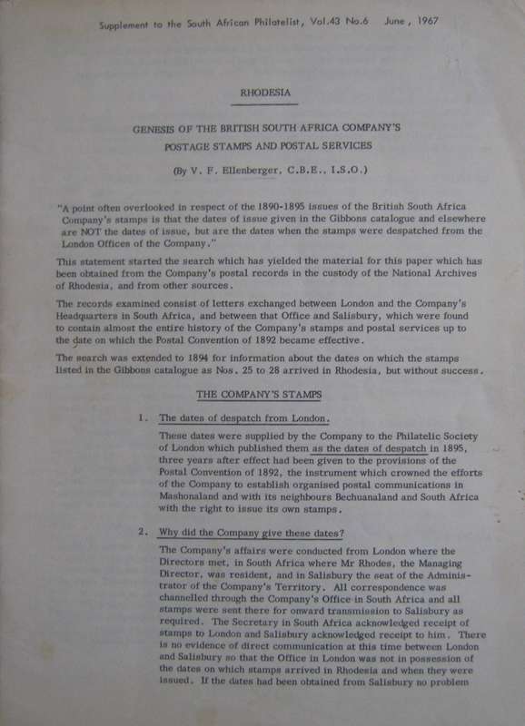 Rhodesia A Postal History Its Stamps, Posts & Telegraphs R C Smith