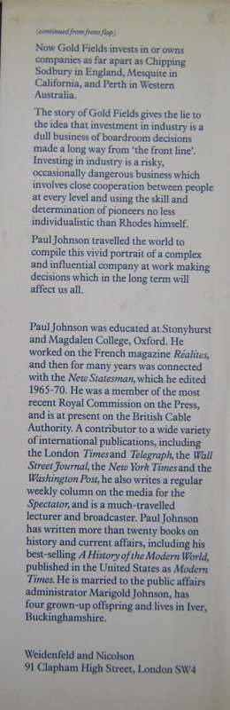 Consolidated Gold Fields a Centenary Portrait Paul Johnson  Publisher: George Weidenfeld &