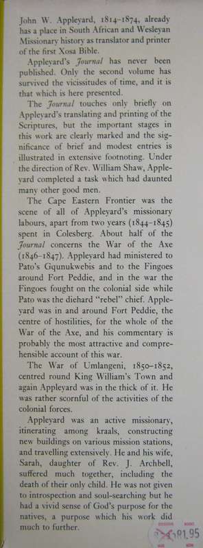 The War of the Axe and the Xosa Bible The Journal of the Rev J W Appleyard
