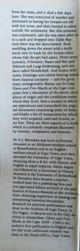 Slaves and Free Blacks at the Cape 1658 - 1700 A J Boeseken