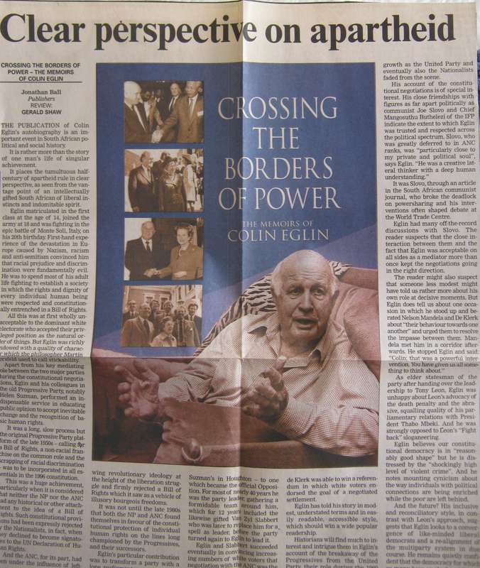 Crossing The Borders of Power The Memoirs of Colin Eglin