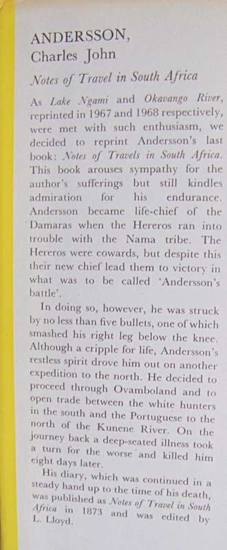 Notes of Travel in South Africa C J Anderson Edited by L Llyod Publisher