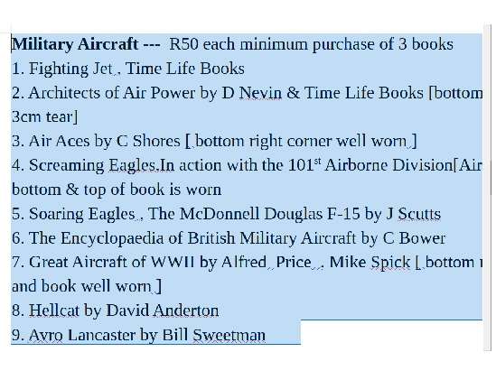 Military Aircraft ---  R50 each minimum purchase of 3 books