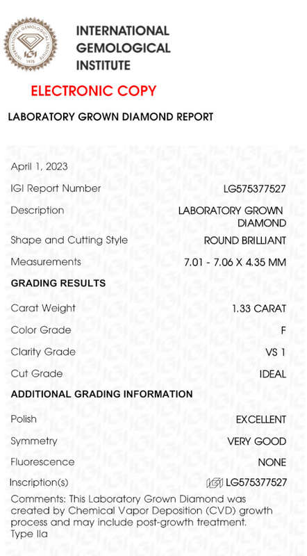 Lab Grown Diamond - 1.33 Carat F VS1 Round - Excellent Cut