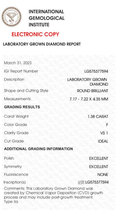 Lab Grown Diamond - 1.38 Carat F VS1 Round - Excellent Cut