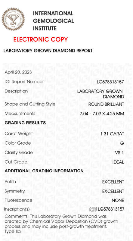 Lab Grown Diamond - 1.31 Carat G VS1 Round - Excellent Cut