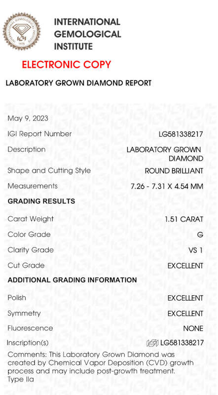 Lab Grown Diamond - 1.51 Carat G VS1 Round - Excellent Cut