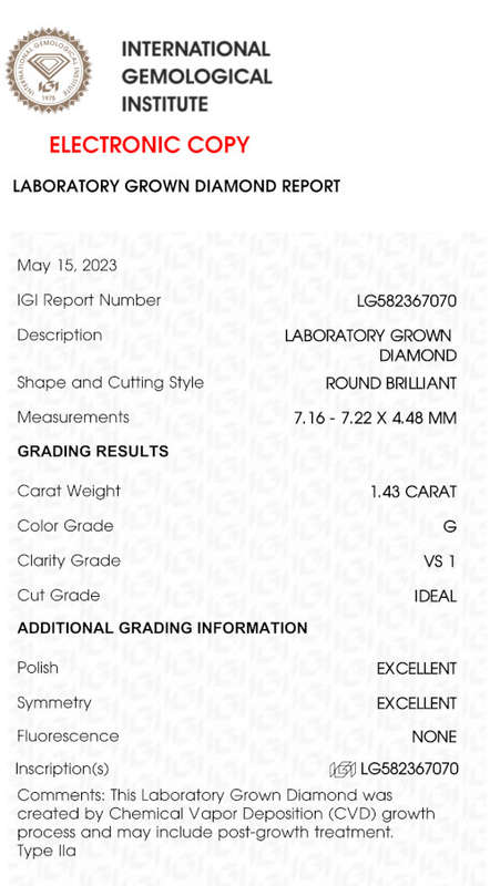 Lab Grown Diamond - 1.43 Carat G VS1 Round - Excellent Cut