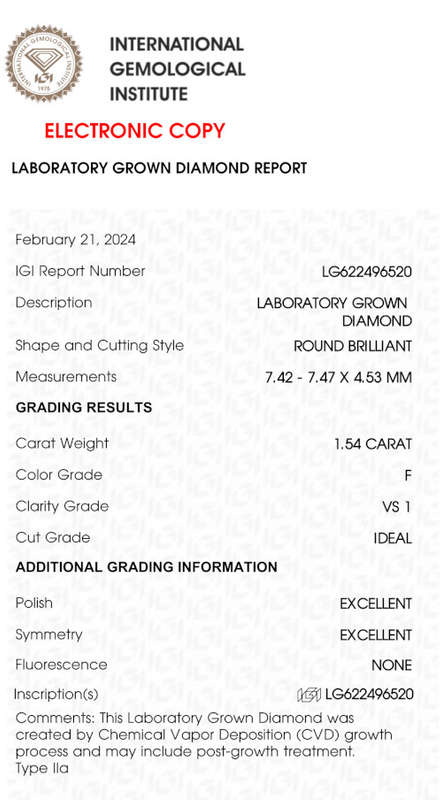 Lab Grown Diamond - 1.54 Carat F VS1 Round - Excellent Cut