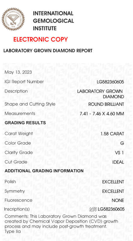 Lab Grown Diamond - 1.58 Carat G VS1 Round - Excellent Cut