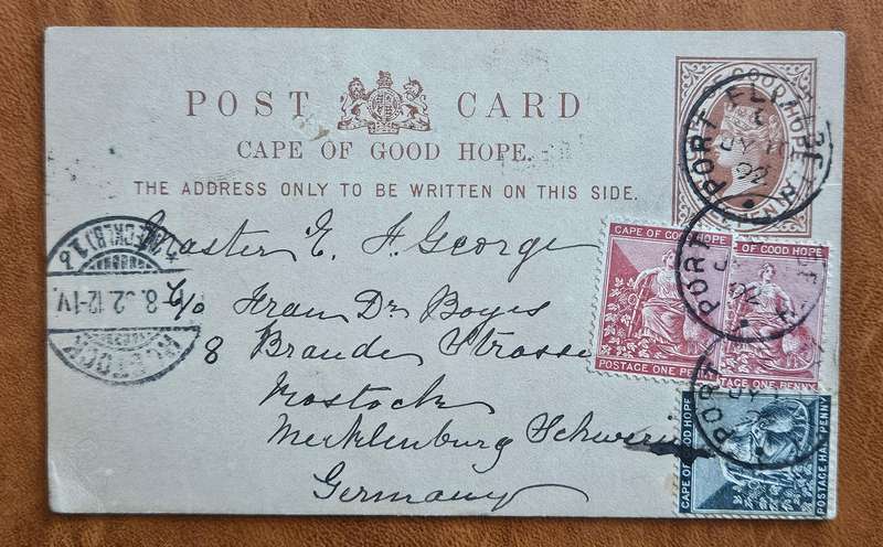 Cape of Good Hope 1892 Port Elizabeth to Germany uprated postcard.