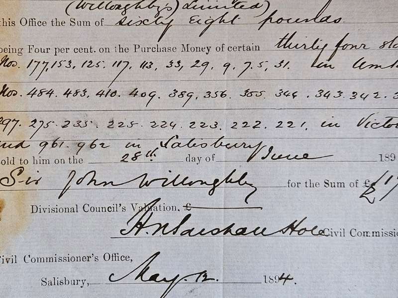 British South Africa Company signed document Sir John Christopher Willoughby and Marshall Hole 1894.