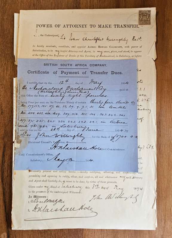 British South Africa Company signed document Sir John Christopher Willoughby and Marshall Hole 1894.