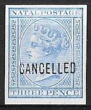 Natal Queen Victoria 3d Printers Proof impeforated overprinted CANCELLED