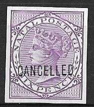 Natal Queen Victoria 6d Printers Proof impeforated overprinted CANCELLED