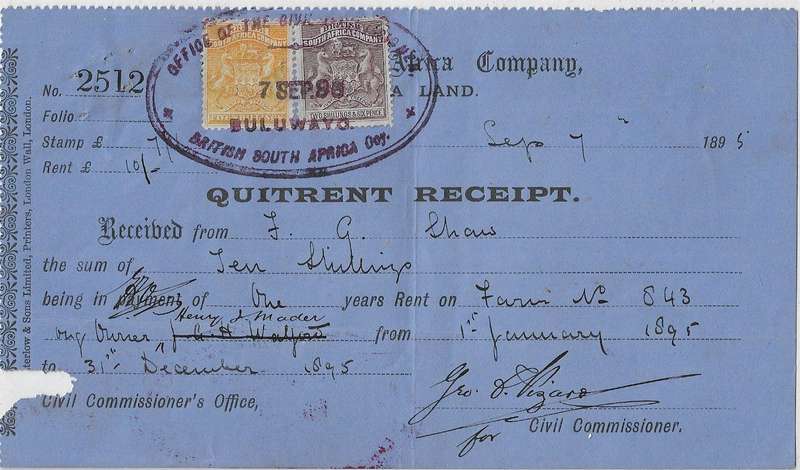 British South Africa Company Quitrent receipt (Farm Tax) 7 September 1895.