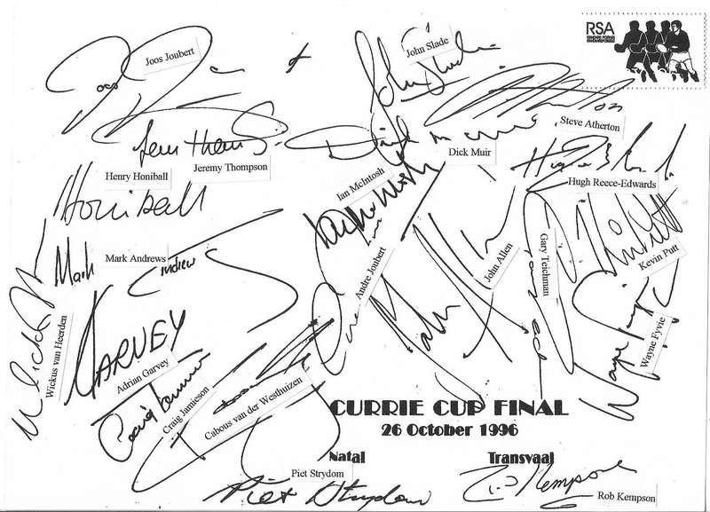 South Africa Currie Cup Final 1996 signed cover.