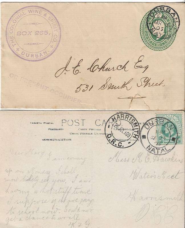 Natal Edward vii 1905 and 1909 postal items (x2).