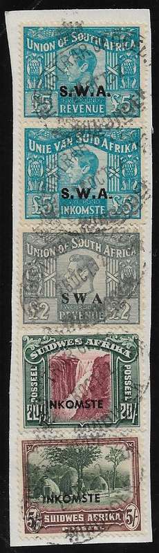 South West Africa £5 vertical pair, £2,20s and 5s on piece, fine used. Barefoot 47,49,70 and 71.