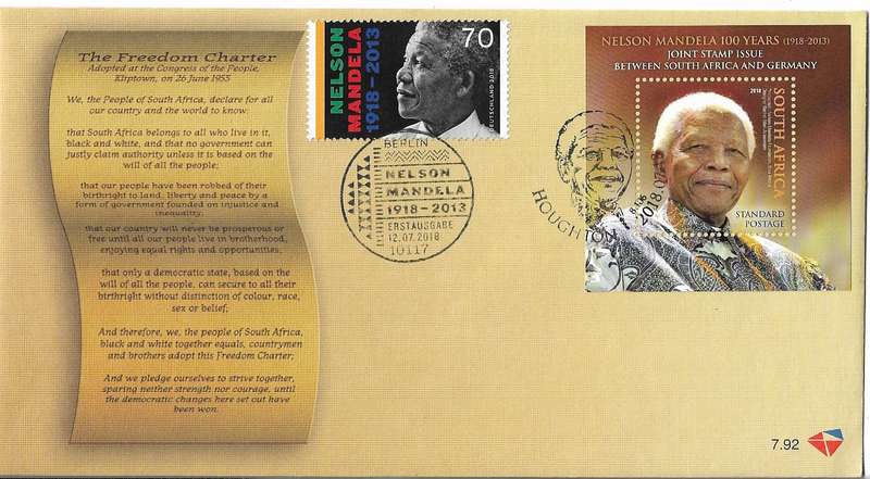 Privately made cover of The Freedom Charter and stamps depicting Nelson Mandela. (C19)