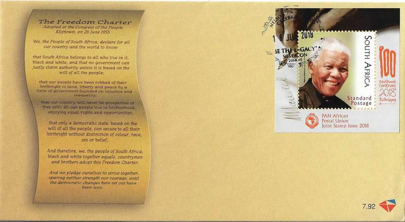Privately made cover of The Freedom Charter and the stamp depicting Nelson Mandela. (C20)
