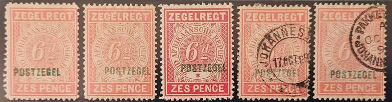 Transvaal 6d ZEGELREGT (Revenue stamp) overprinted POSTZEGEL (Postage) 3x mint and 2x used examples.