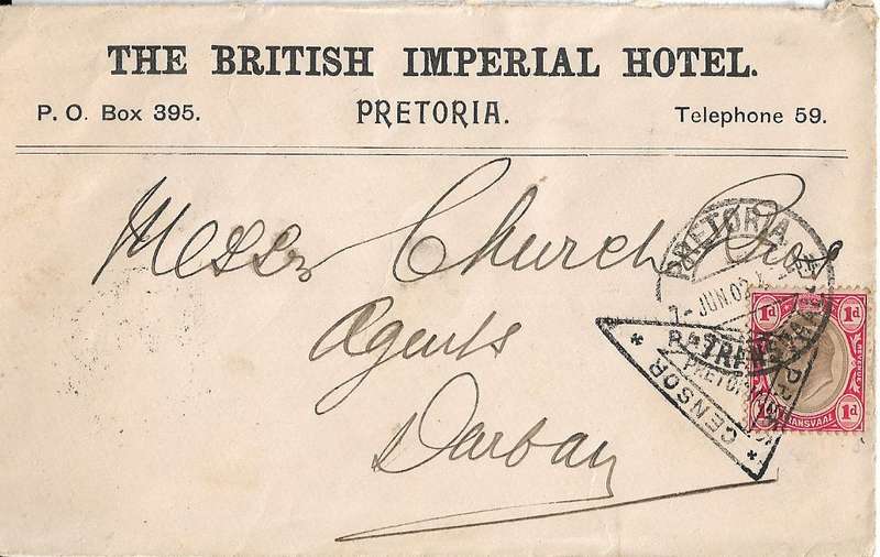 Transvaal censored cover Pretoria to Durban 7 June 1902.