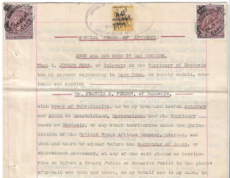 British South Africa Company SPECIAL POWER OF ATTORNEY dated and signed 26 June 1896.