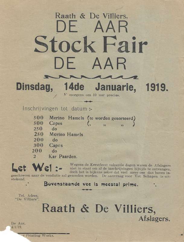 Cape De Aar Stock Fair 14 January 1919 advertising.